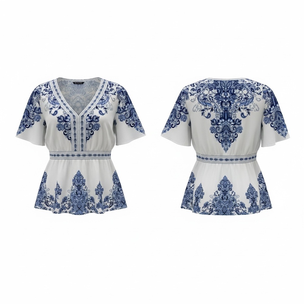BloomChic Blue and White Patterned Blouse never worn without tags